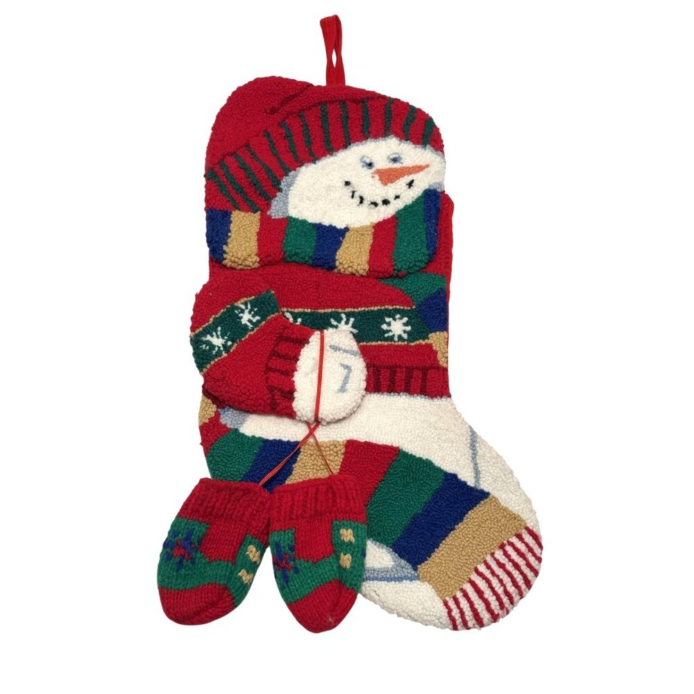 Wool Punch/Needlepoint Christmas Stocking 18" Snowman Knitted Mittens Scarf 3D